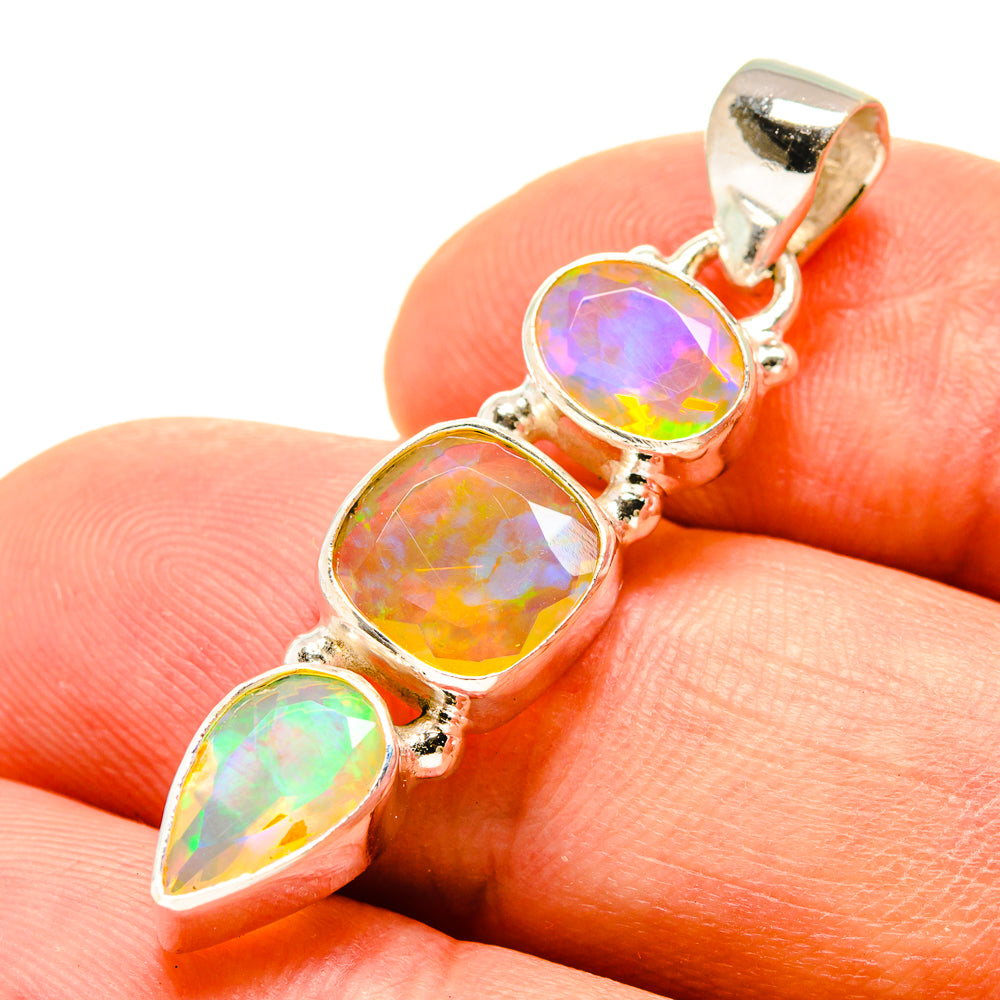 Ethiopian opal pendant in 925 sterling silver with three faceted rainbow stones