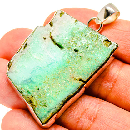 Chrysoprase pendant, green gemstone with textured surface, 925 sterling silver bail