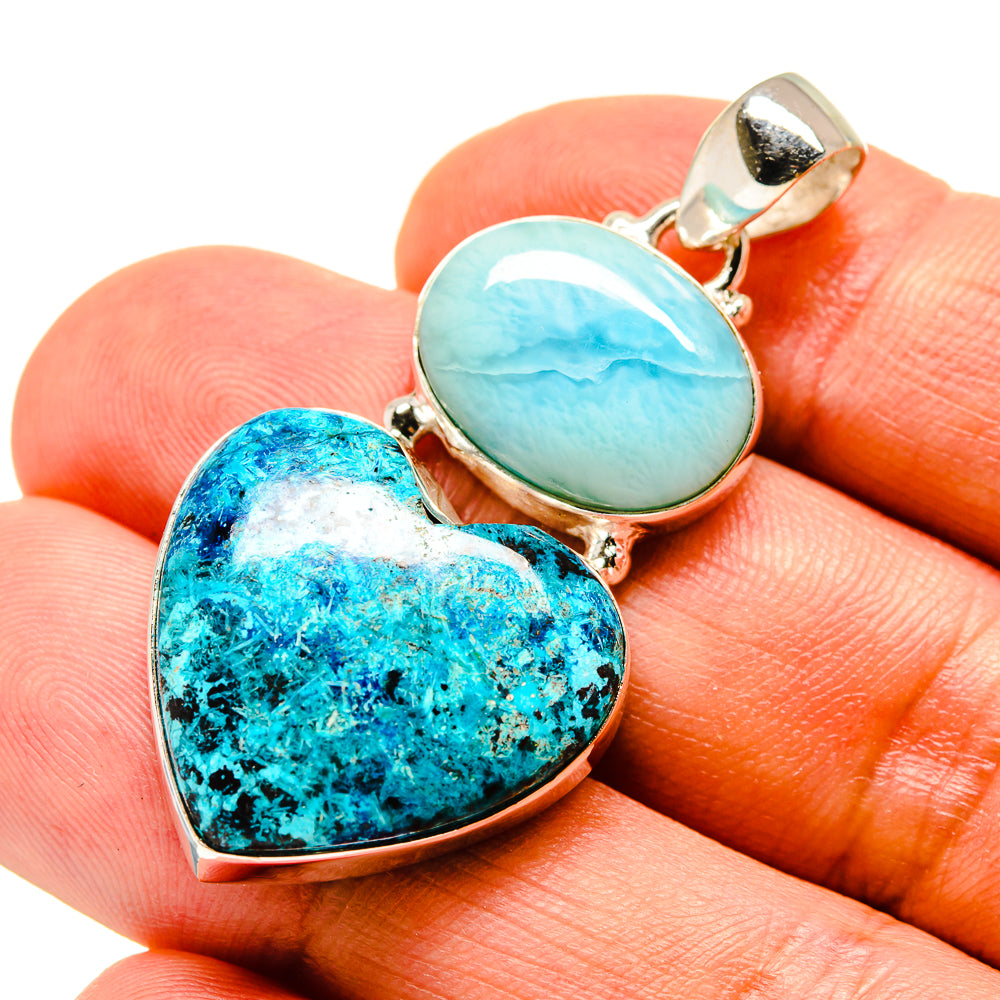 Heart pendant with blue larimar and shattuckite stones in polished 925 sterling silver setting
