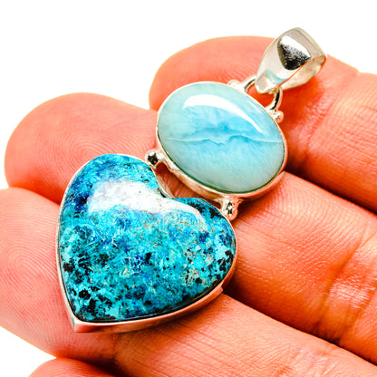 Heart pendant with blue larimar and shattuckite stones in polished 925 sterling silver setting