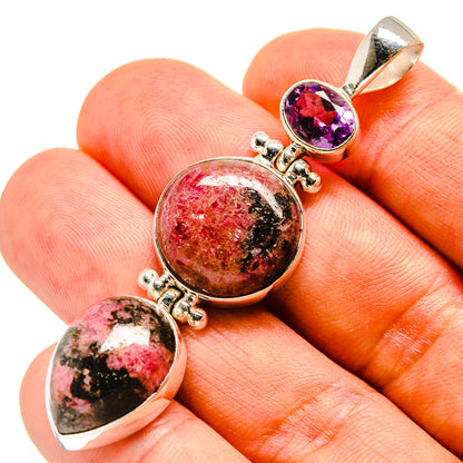 Rhodonite and amethyst sterling silver pendant with 3 cabochons and top bail