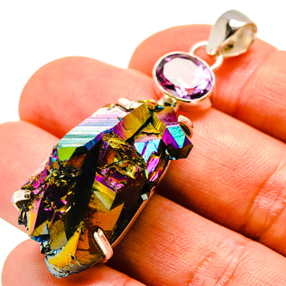 Amethyst drusy pendant with rainbow iridescent crystal and oval purple gemstone in silver