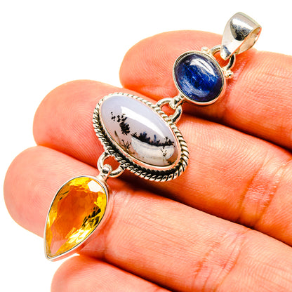 Sterling silver pendant with blue cabochon, dendrite oval, yellow teardrop