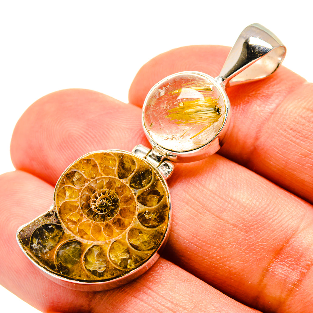 Sterling silver pendant with ammonite fossil in amber oval and rutilated quartz top cabochon