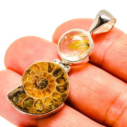 Sterling silver pendant with ammonite fossil in amber oval and rutilated quartz top cabochon