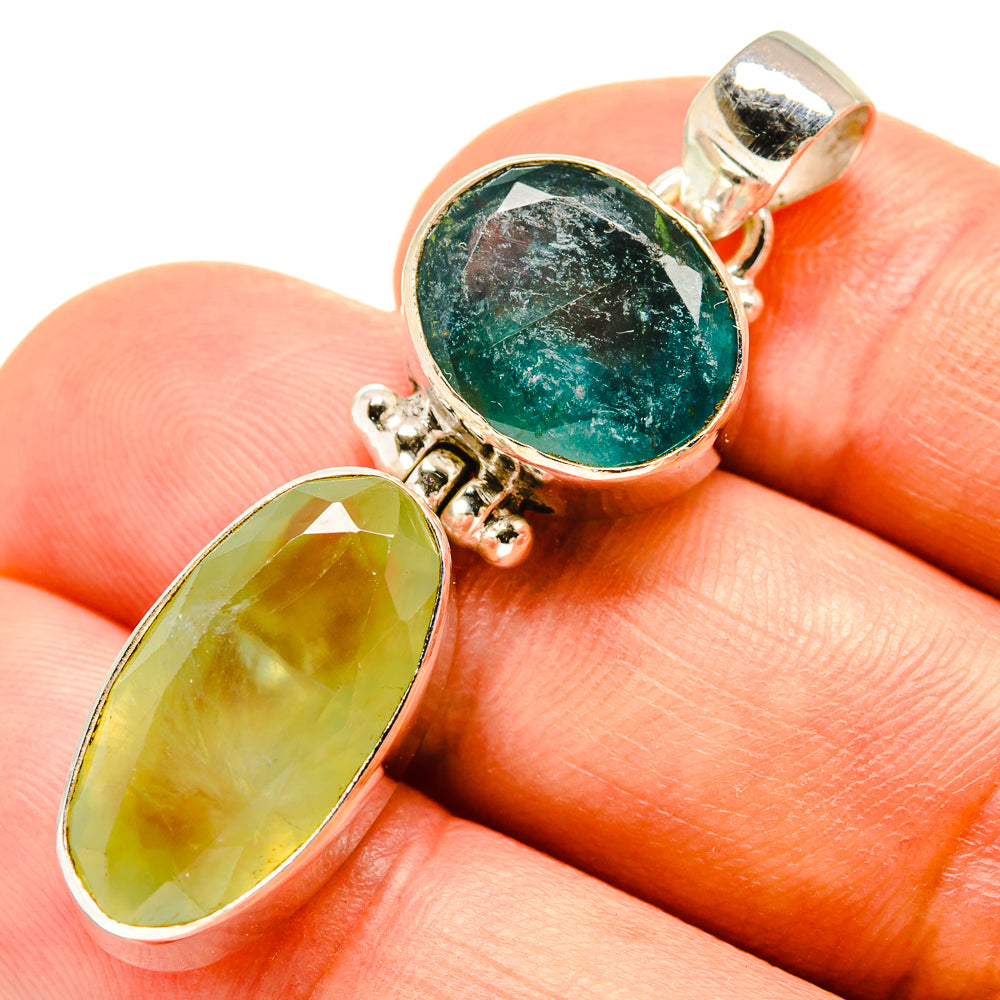 Sterling silver gemstone pendant: round green stone with teardrop green fluorite