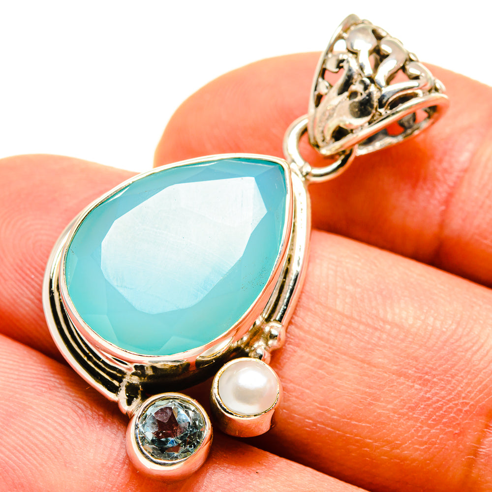 Aqua Chalcedony, Blue Topaz, Cultured Pearl Pendants handcrafted by Ana Silver Co - PD757790