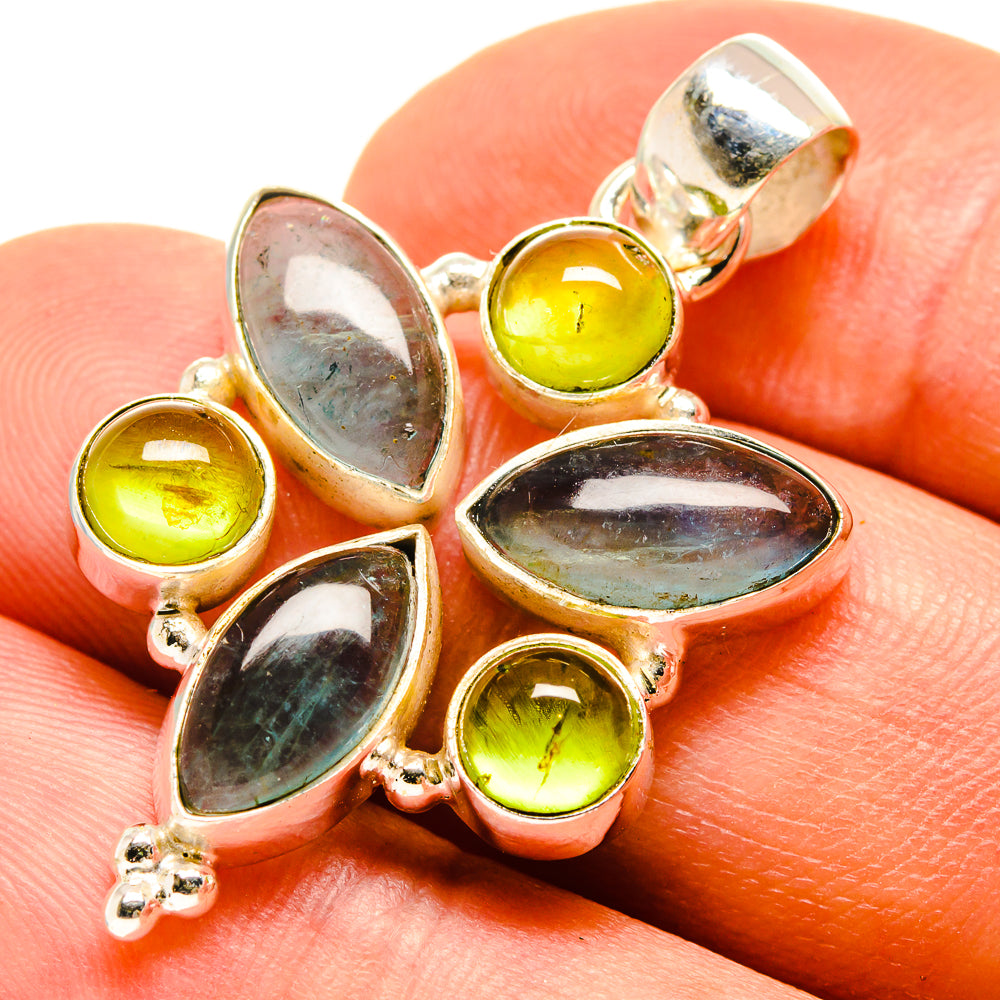 Sterling silver pendant top bail with green and blue gemstone oval cabochons
