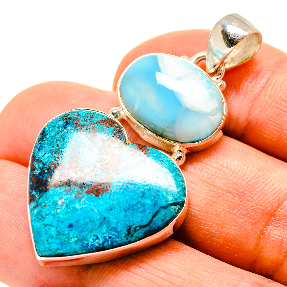 Shattuckite heart and Larimar oval pendant in 925 sterling silver, bezel mounted