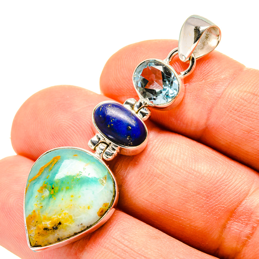 Sterling silver gemstone pendant with blue topaz, lapis lazuli, and green opal stone