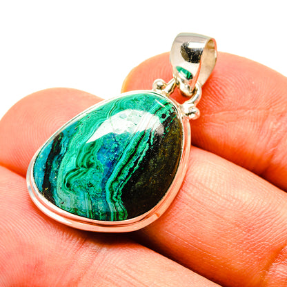 Teardrop malachite-chrysocolla pendant in silver setting, with loop bail.