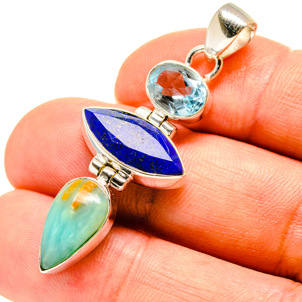 925 silver pendant with blue lapis, light blue round stone, and green opal marquise