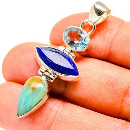 925 silver pendant with blue lapis, light blue round stone, and green opal marquise