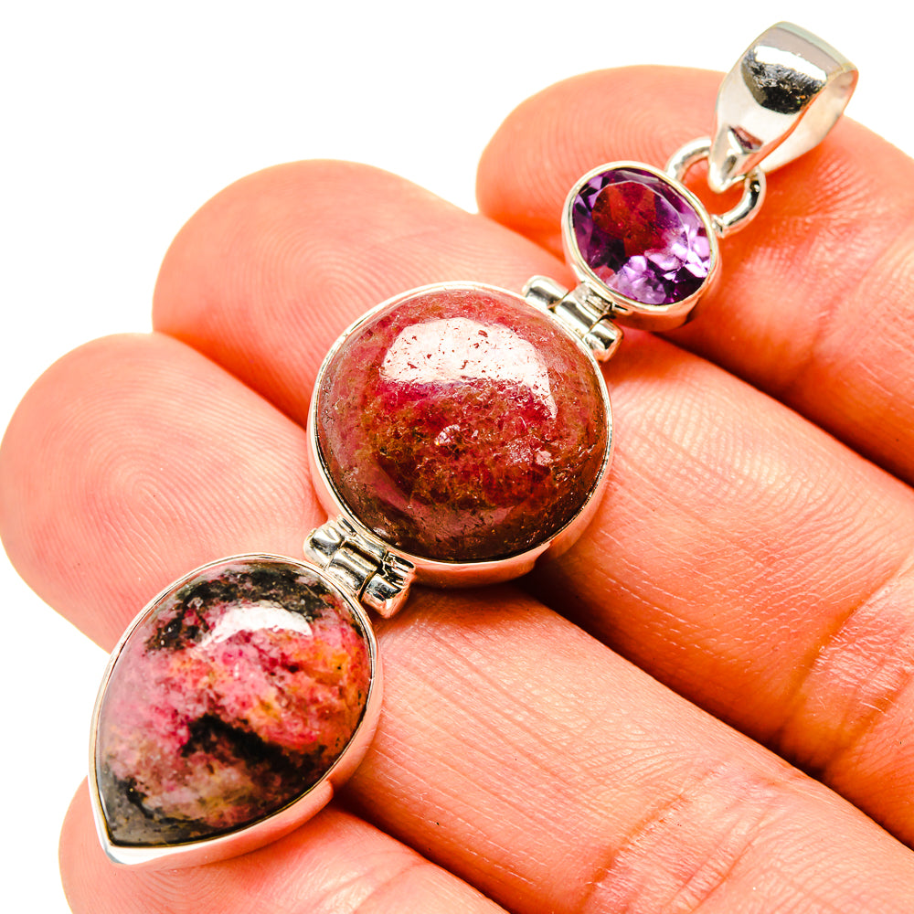 925 sterling silver gemstone pendant with three oval stones: purple, red, and pink.