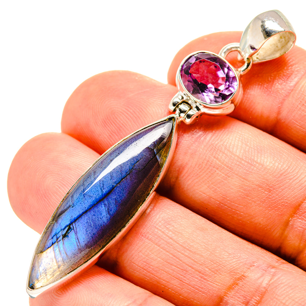 Amethyst and labradorite silver pendant with round purple stone and long blue-gold drop