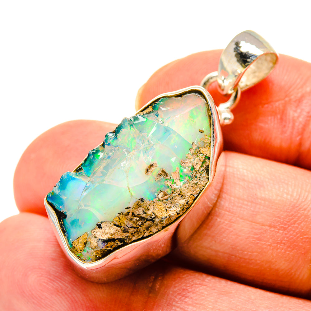 Sterling silver Ethiopian opal pendant with rough turquoise opal close-up
