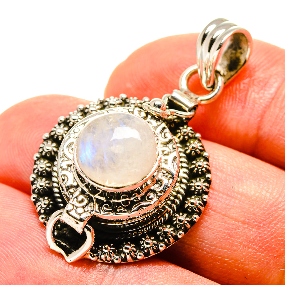 Sterling silver moonstone pendant with oval rainbow stone and ornate beaded frame