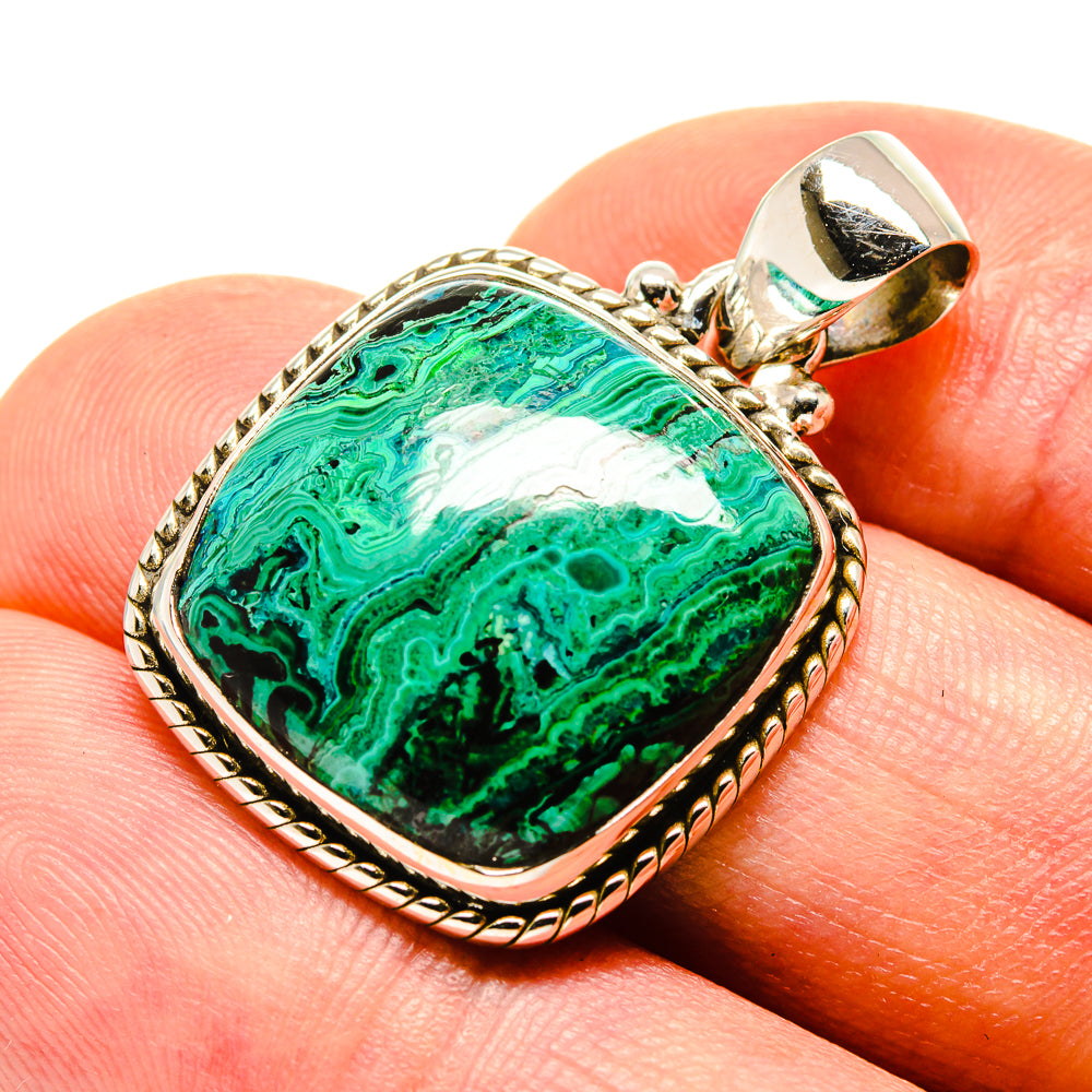 Malachite in chrysocolla pendant, green marbled stone bezel with 925 sterling silver bail