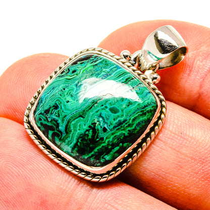 Malachite in chrysocolla pendant, green marbled stone bezel with 925 sterling silver bail
