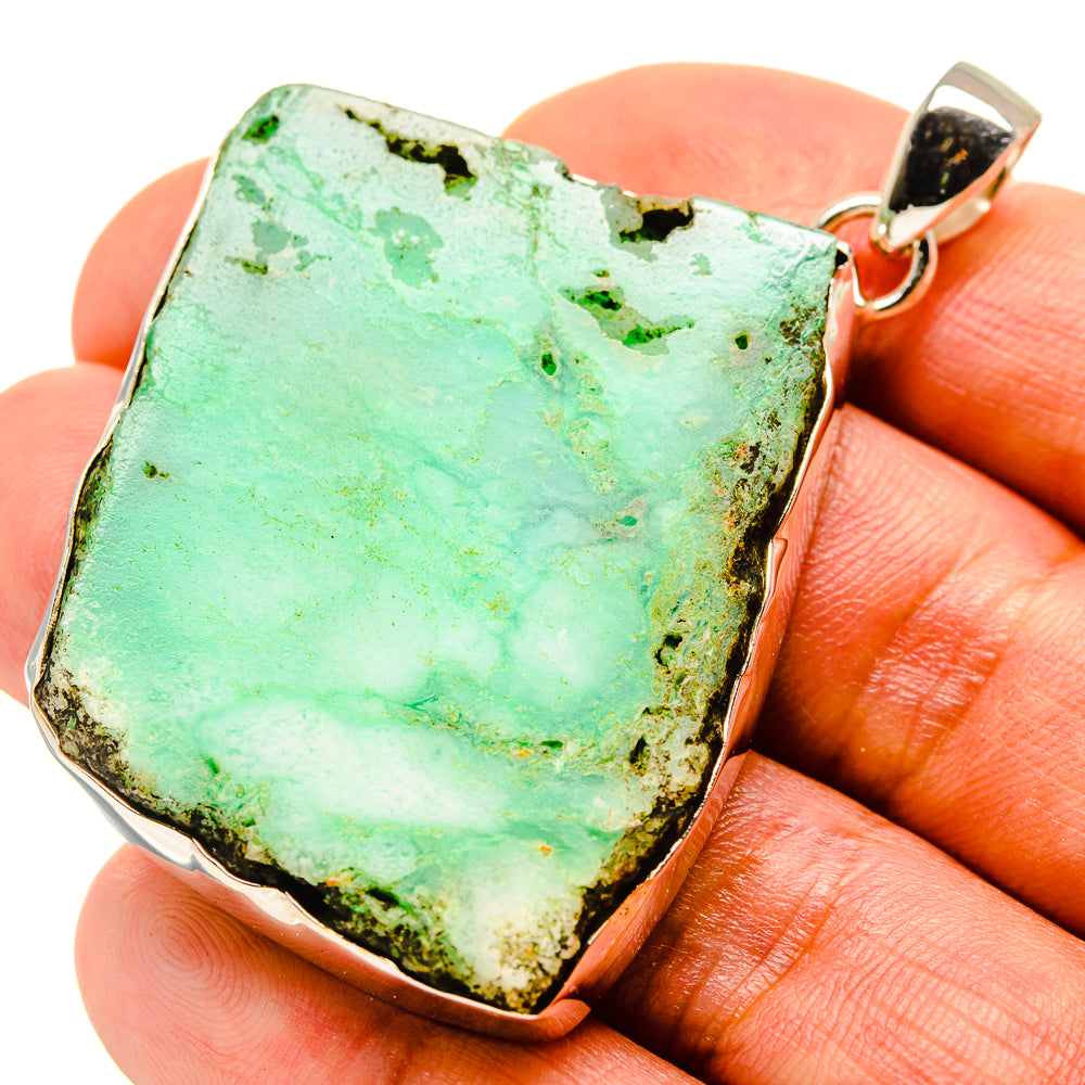 Rough chrysoprase pendant, sterling silver bezel with green rough stone and bail