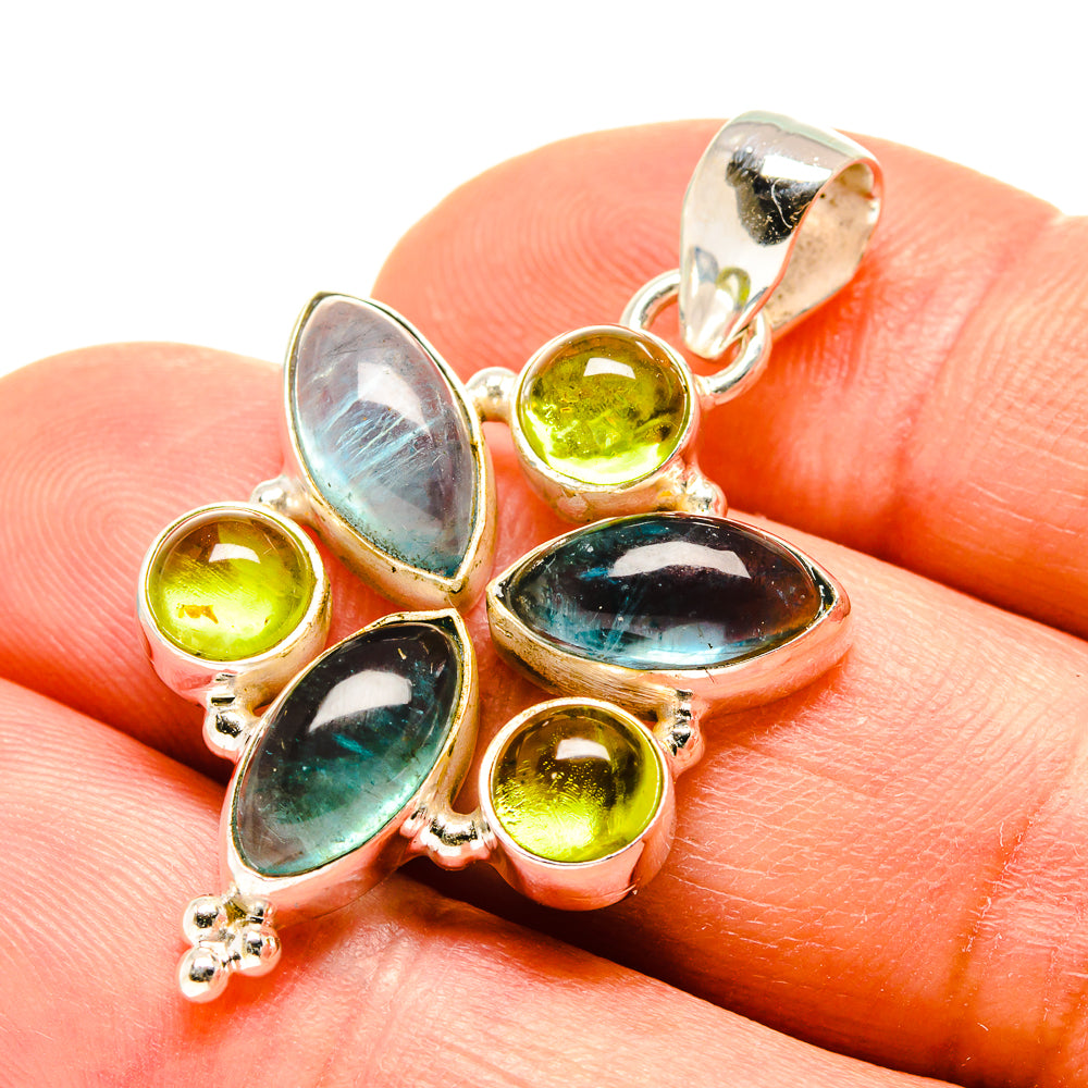 Sterling silver fluorite and peridot pendant with teal and green gemstones