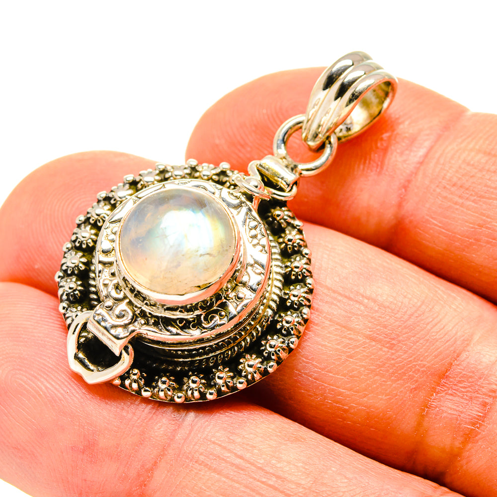 Sterling silver moonstone pendant with rainbow flash, ornate halo and hanging bail