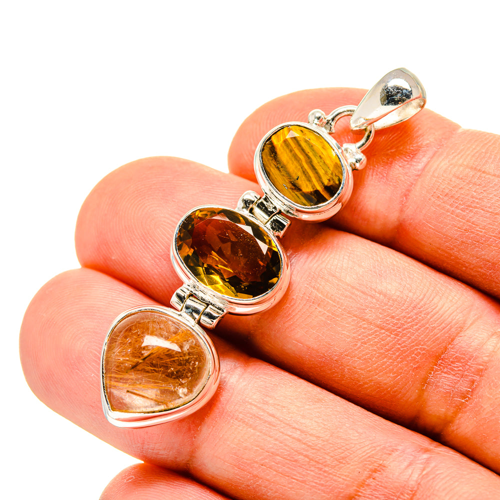 Sterling silver gemstone pendant with tiger eye, citrine, and rutilated quartz ovals