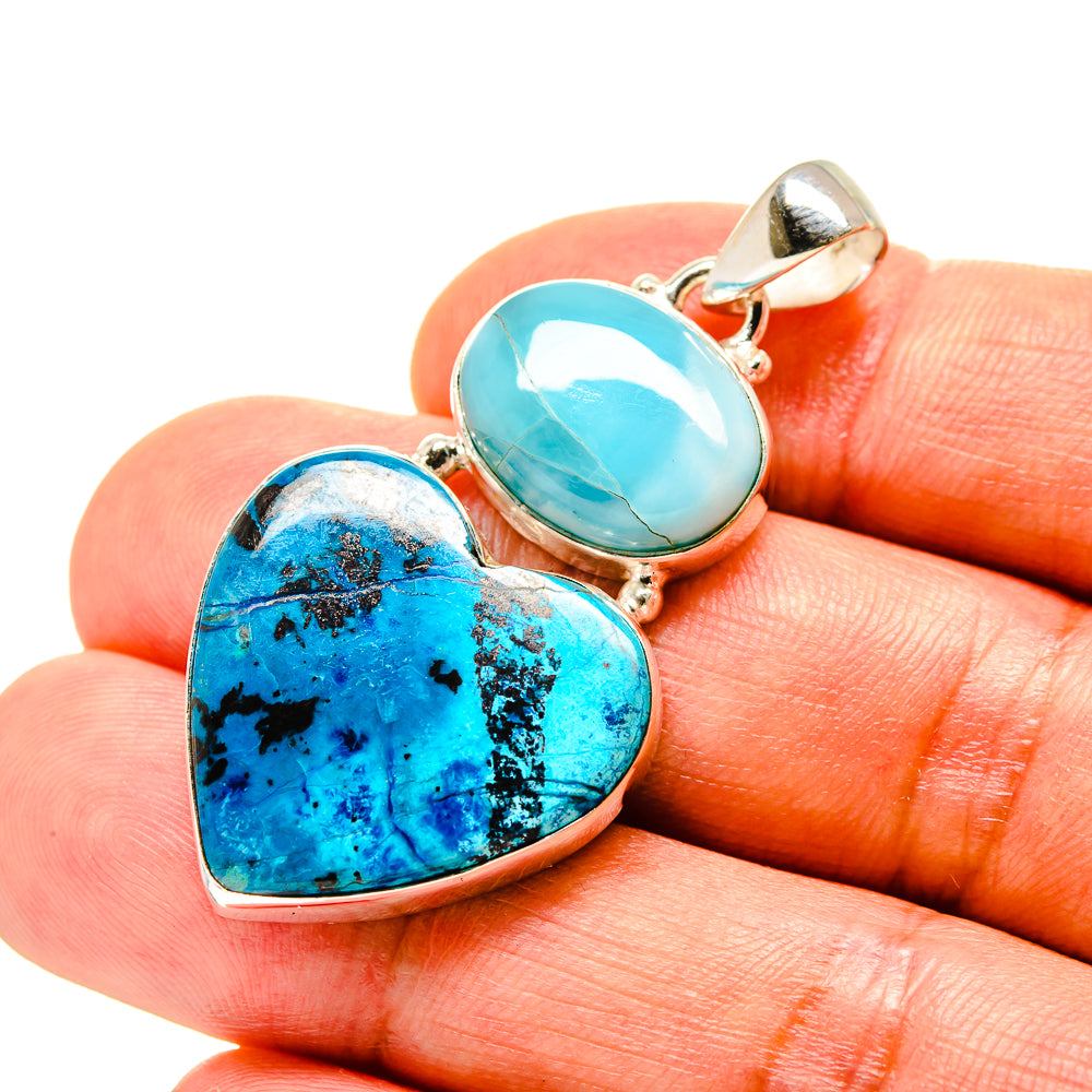 Sterling silver pendant with blue shattuckite heart and turquoise larimar cabochon
