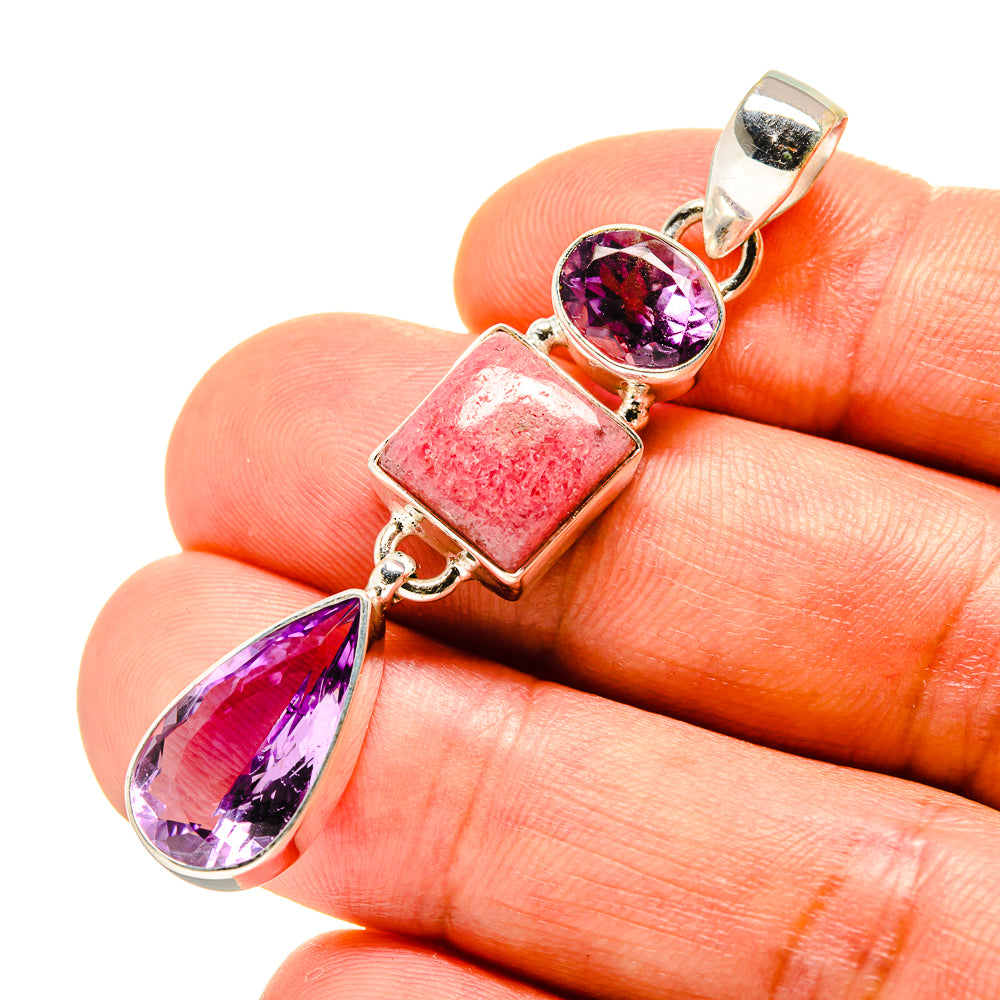 Sterling silver pendant with purple amethyst teardrop and red rhodochrosite square