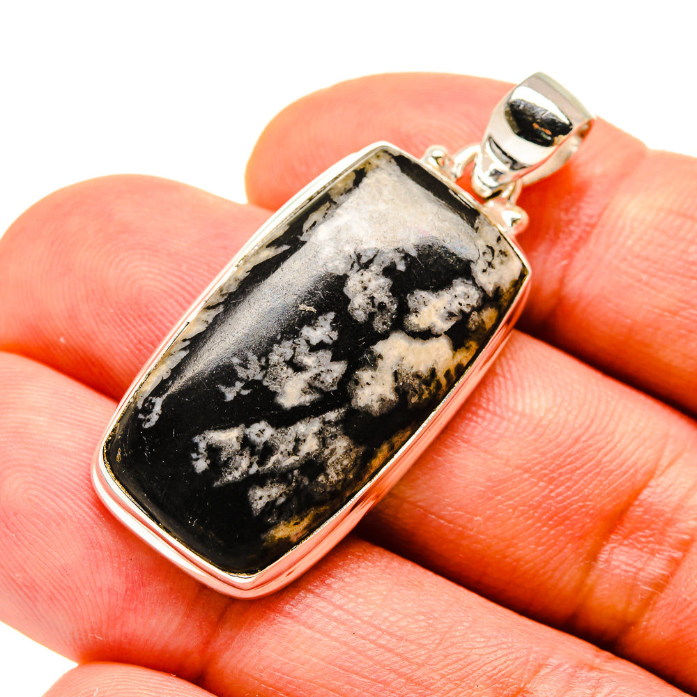 Chrysanthemum stone pendant on sterling silver bail, black with white speckled pattern