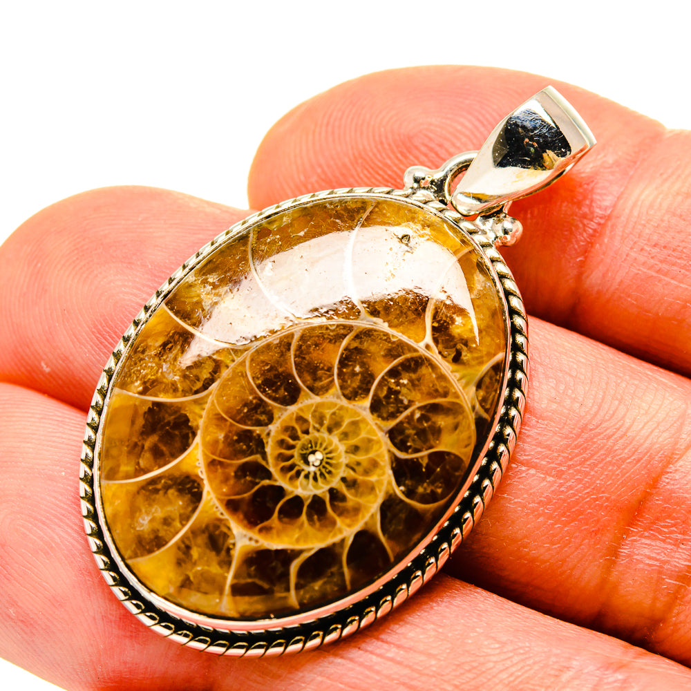 Ammonite fossil pendant in oval silver bezel with amber swirl pattern and bail loop