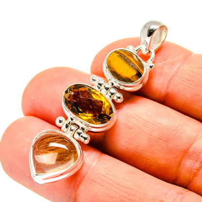 925 sterling silver pendant with three oval citrine and tiger eye gemstone drops