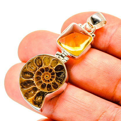 Ammonite fossil and citrine sterling silver pendant with square yellow gemstone and oval cabochon