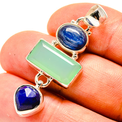Sterling silver pendant with green rectangular stone, blue oval and heart stones