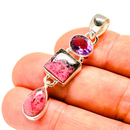 Sterling silver gemstone pendant close-up: purple top, pink square and teardrop drops