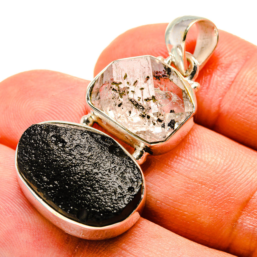 Sterling silver pendant with black tektite oval and clear crystal shard, bail included