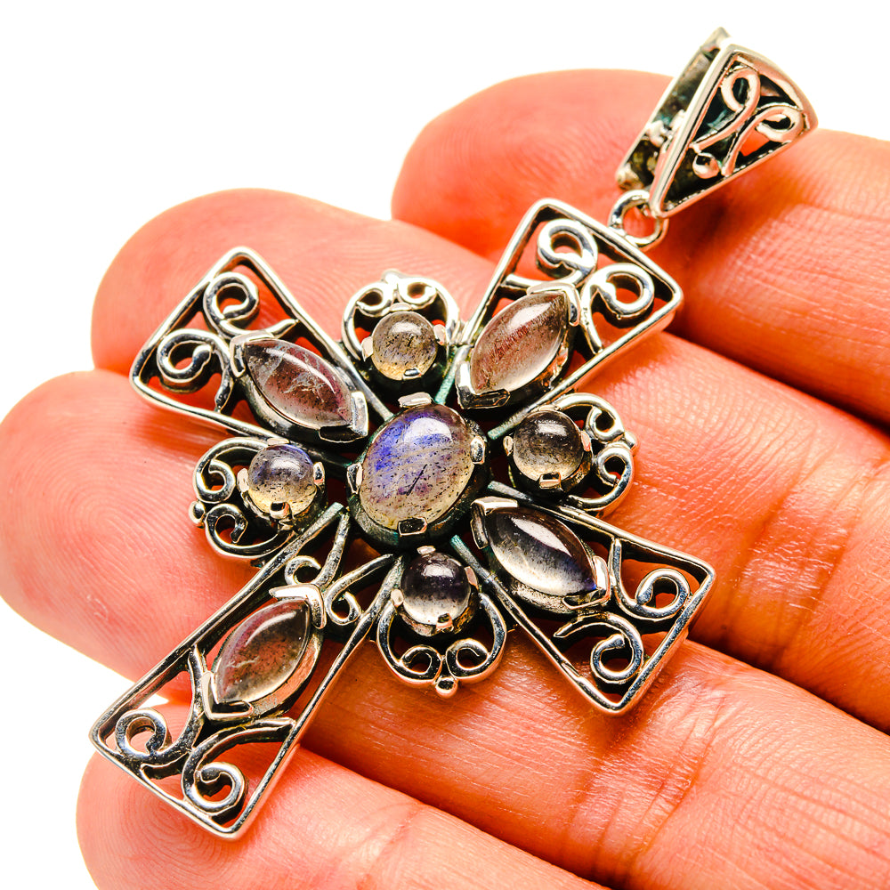 Labradorite cross pendant in 925 sterling silver, ornate filigree with iridescent stones