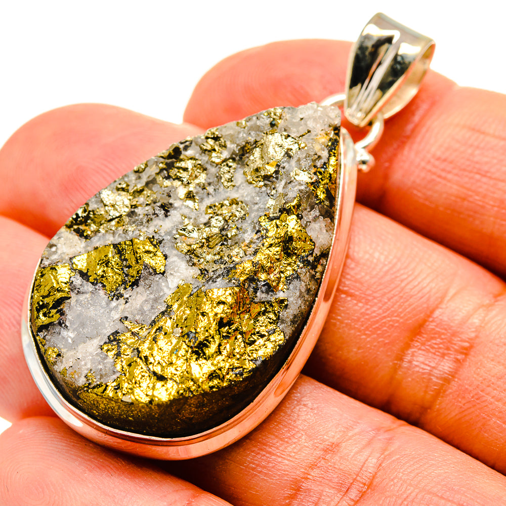 Teardrop pyrite druzy pendant with yellow-gold sparkle in silver bezel