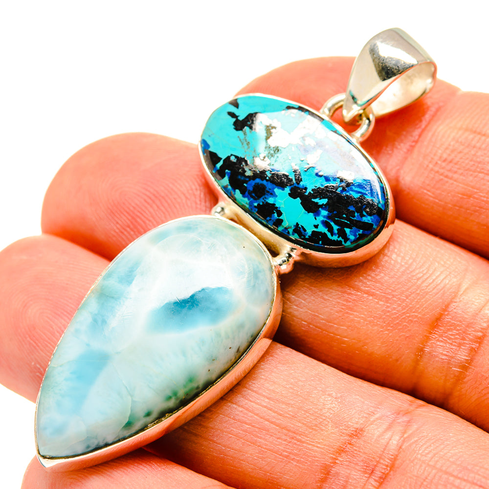 925 sterling silver pendant with blue/black oval stone and light-blue teardrop stone