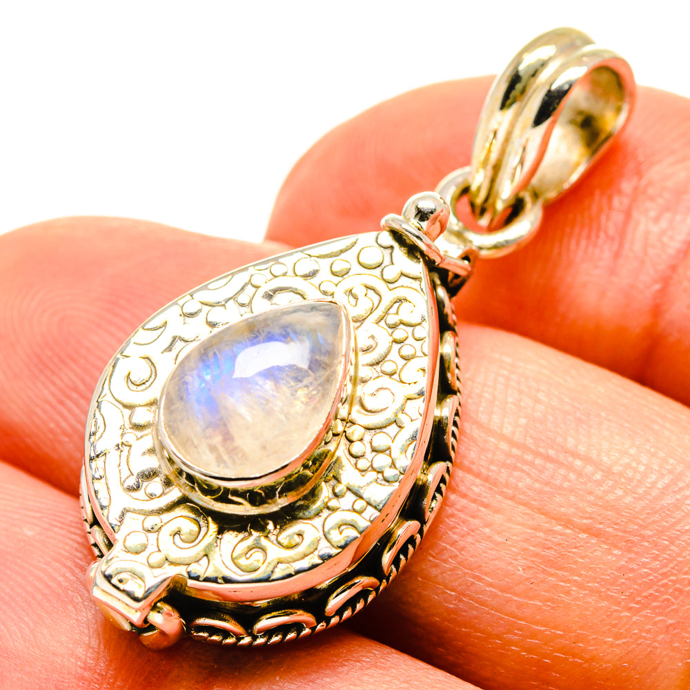 Teardrop moonstone pendant bail, iridescent stone in engraved gold-tone frame