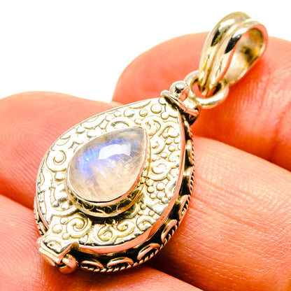 Teardrop moonstone pendant bail, iridescent stone in engraved gold-tone frame
