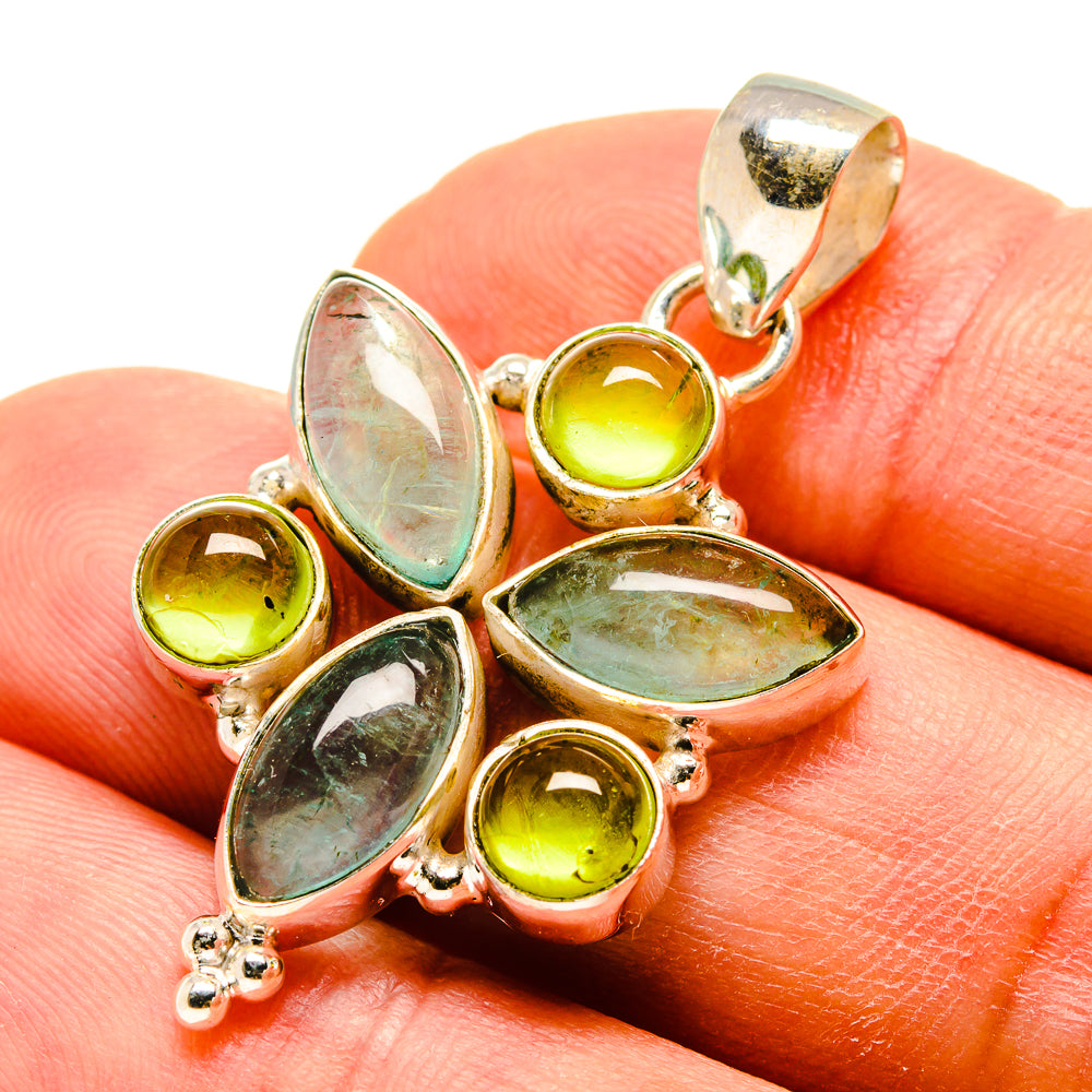 925 sterling silver pendant with green and iridescent stones, leaf cluster and top loop