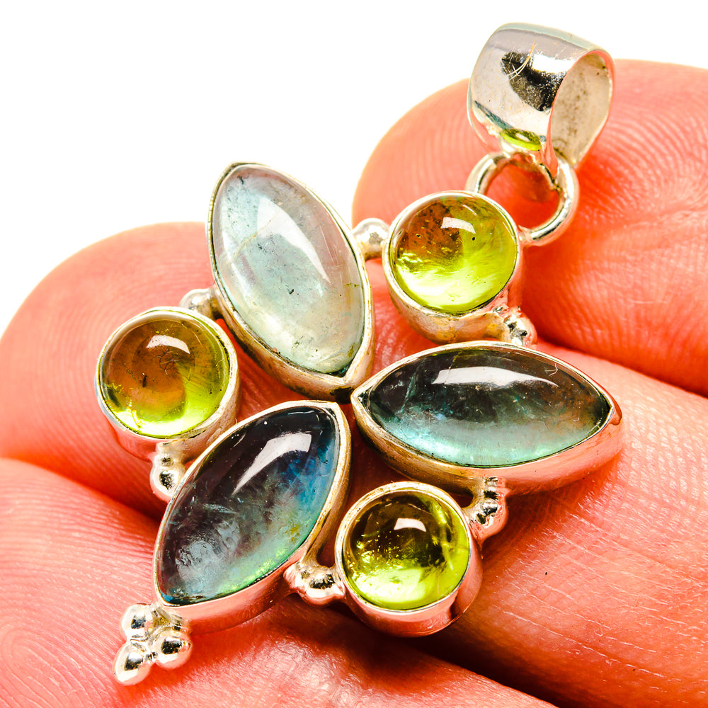 Sterling silver gemstone pendant with blue-green and lime green oval stones