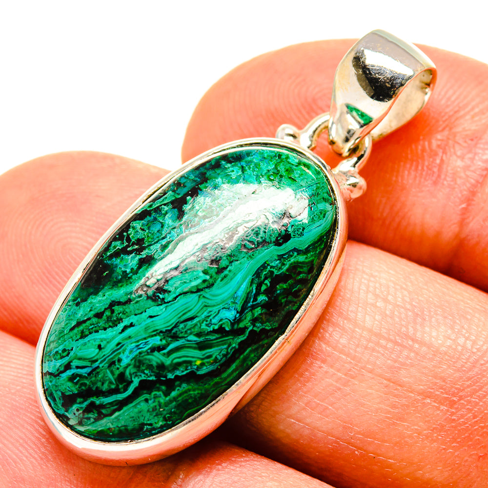 Oval malachite-chrysocolla pendant, polished 925 sterling silver bezel