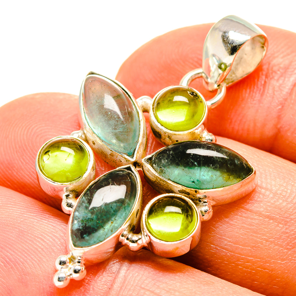 Sterling silver gemstone pendant with green peridot and blue fluorite oval stones