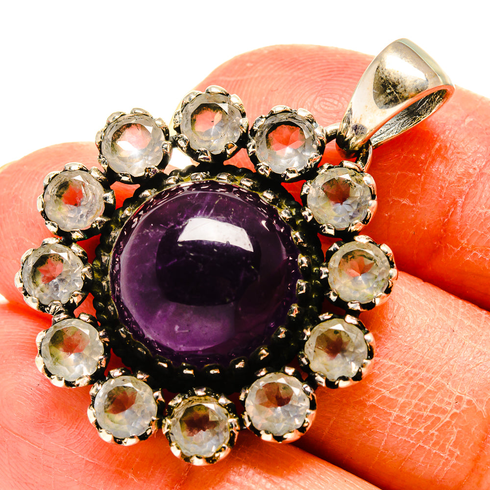 Amethyst and rainbow moonstone pendant, 925 sterling silver with purple cabochon and bail