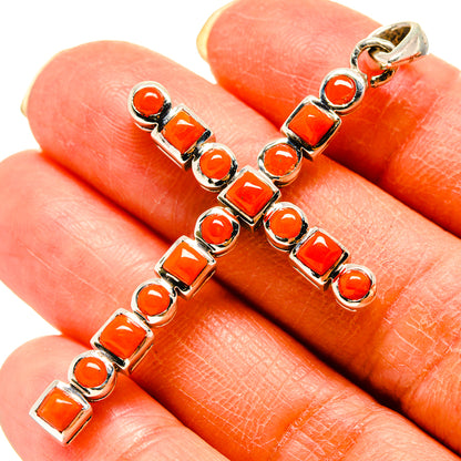 Carnelian cross pendant in 925 sterling silver with orange-red square and round stones