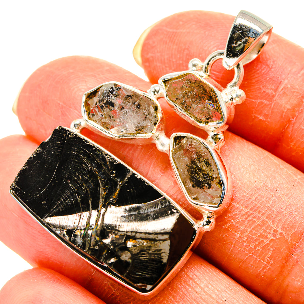 925 sterling silver gemstone pendant featuring black rough shungite and clear crystal stones