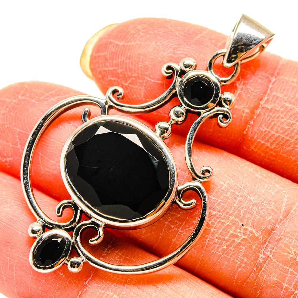 Black onyx pendant, 925 sterling silver, round black center stone with two smaller accents