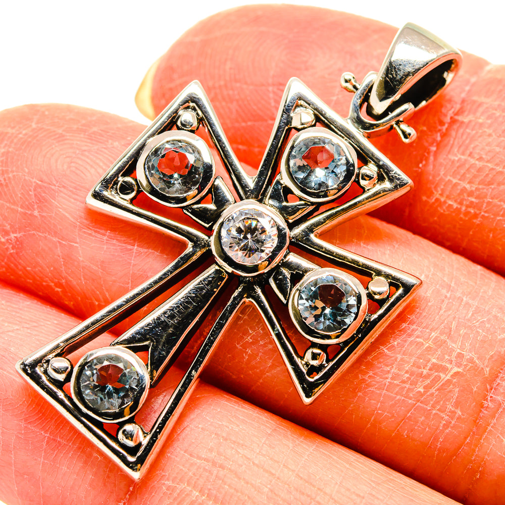 Cross pendant with round gemstones on 925 sterling silver, clasp bail on top